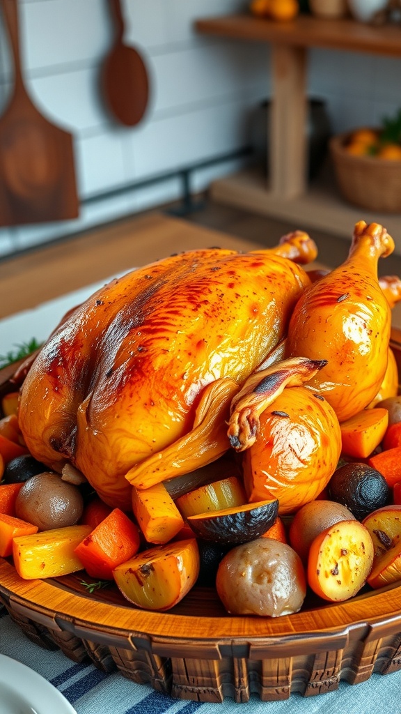 A golden-brown roasted chicken surrounded by vibrant roasted vegetables on a wooden table.